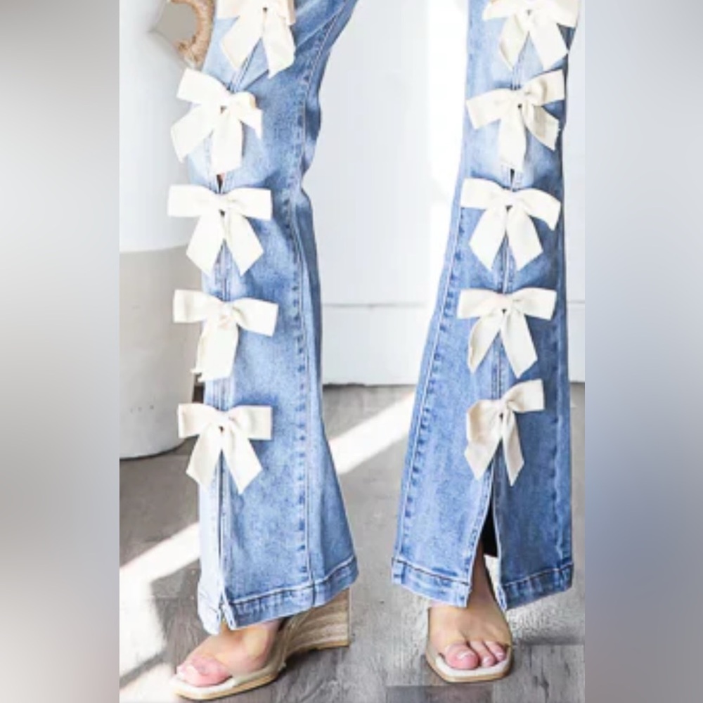 Oli & Hali Blue Denim Wide Leg Jeans with White Bow Accents - Picture 7 of 9